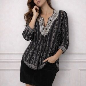 Lucky Brand Embroidered V‎ Neck Long Sleeve Peasant Top Women S Boho Indie Black